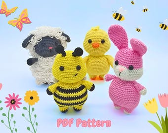 Paquete de patrones de amigurumi de Pascua: Conejito, pollito, cordero y abeja (descarga en PDF)