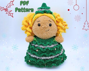 Patrón de crochet para niña del árbol de Navidad: Peluche amigurumi navideño grueso y disfrazado (Descarga PDF)