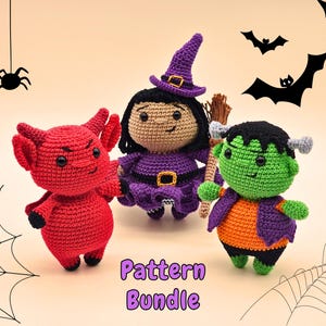 May include: A crochet pattern bundle featuring three Halloween characters: a red devil, a purple witch with a broom, and a green Frankenstein's monster. The text "Pattern Bundle" is displayed in purple. Spiders and bats are also shown.