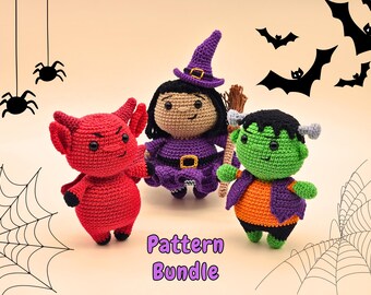 Paquete de patrones de crochet para Halloween: Conjunto completo de 3 criaturas espeluznantes amigurumi de costura baja (descarga en PDF)