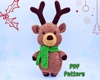 Patrón de reno a crochet: Peluche amigurumi navideño grueso (Descarga PDF)