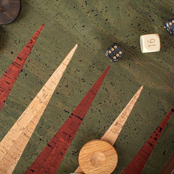 Green natural cork backgammon set with cases and oak wooden checkers