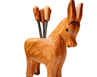Wooden donkey with six forks- set for snacks