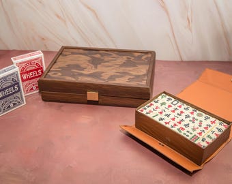 Mahjong set with playing cards in walnut wooden box