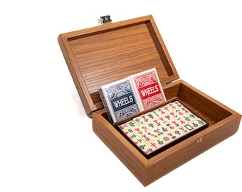 Mahjong set with playing cards in oak wooden box