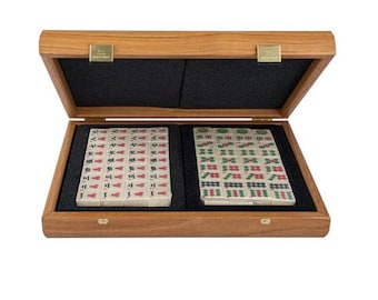 Mahjong tiles set in walnut wooden case