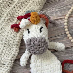 Unicorn Snuggler Lovey Animal Stuffie Plushie Cute Fantasy Magic Blanket Yarn Boho Cuddly Toy Modern Minimalist Baby Gift Baby Shower