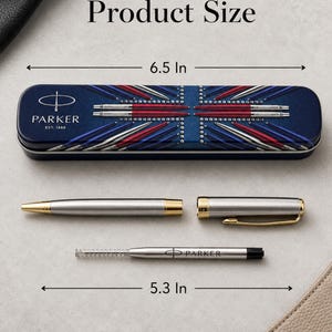 May include: A Parker ballpoint pen set featuring a silver-tone pen with gold-tone accents, a separate cap, and a refill cartridge. The metal storage case displays a Union Jack graphic and measures 6.5 inches, while the pen measures 5.3 inches.
