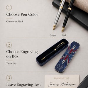 May include: Two ballpoint pens, one chrome and one black, both with gold-tone accents. A navy blue pen case features a Union Jack design and the Parker logo. A card displays the text 'ENGRAVING TEXT' above the name 'James Anderson'.