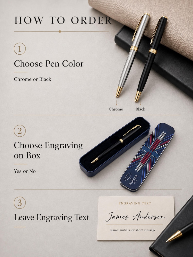 May include: Two ballpoint pens, one chrome and one black, both with gold-tone accents. A navy blue pen case features a Union Jack design and the Parker logo. A card displays the text 'ENGRAVING TEXT' above the name 'James Anderson'.