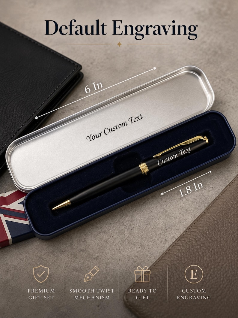 May include: A black ballpoint pen with gold-tone accents and a twist mechanism, resting in a navy blue lined metal case. The case measures 6 inches by 1.8 inches. The pen features the text Custom Text, and the case lid reads Your Custom Text.