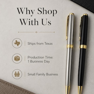 May include: Two ballpoint pens with gold-colored clips and accents, one in a brushed silver finish and one in a matte black finish. The text "Why Shop With Us" is displayed alongside icons for Texas, a box, and a family, with descriptive text.