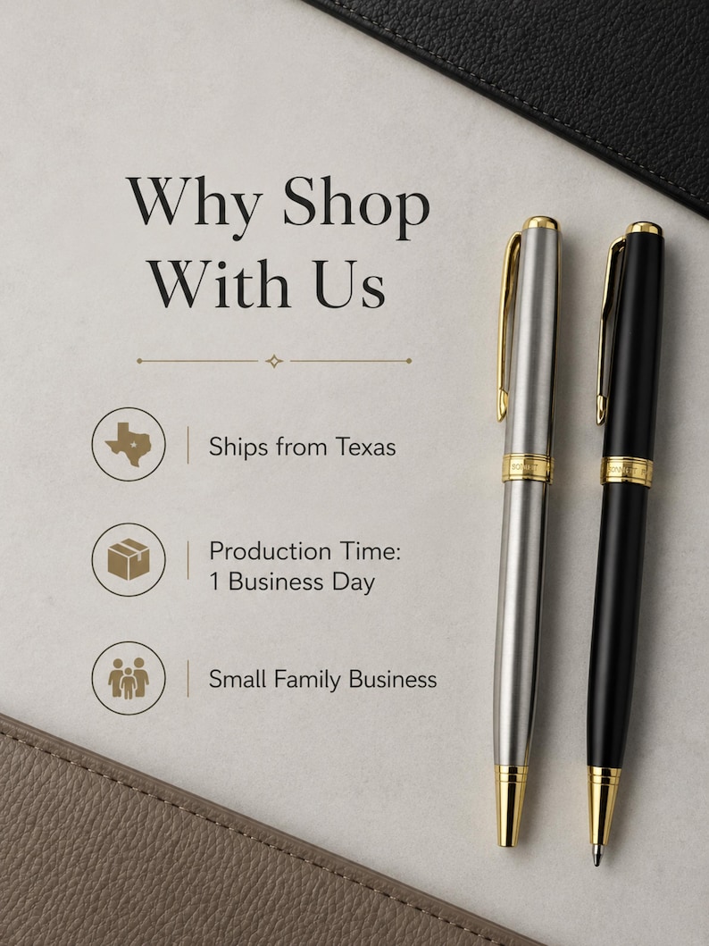 May include: Two ballpoint pens with gold-colored clips and accents, one in a brushed silver finish and one in a matte black finish. The text "Why Shop With Us" is displayed alongside icons for Texas, a box, and a family, with descriptive text.