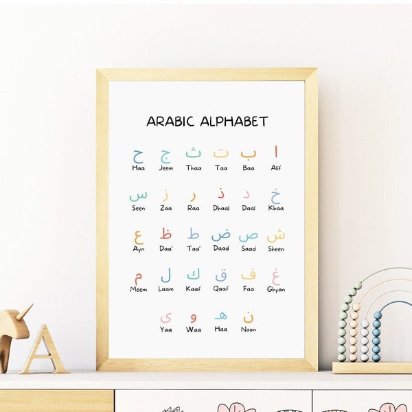 Affiche colorée de l'alphabet arabe pour enfants, art mural islamique pour chambre d'enfant, décoration de chambre d'enfant musulman, chambre d'enfant islamique, impression calligraphie islamique