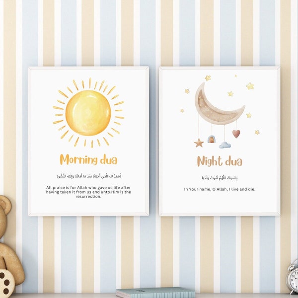 Islamic Dua Set For Muslim Kids, Islamic Home Decoration, Morning and Night Prayer Poster, Nursery and Bedroom Prints, Eid & Ramadan Gift