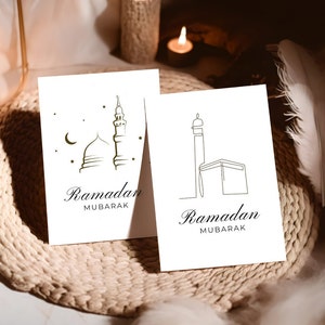 Conjunto de 2 cartões para impressão do Ramadã, presentes do Ramadã, cartões de felicitações islâmicos para o Ramadã Mubarak, download digital islâmico moderno