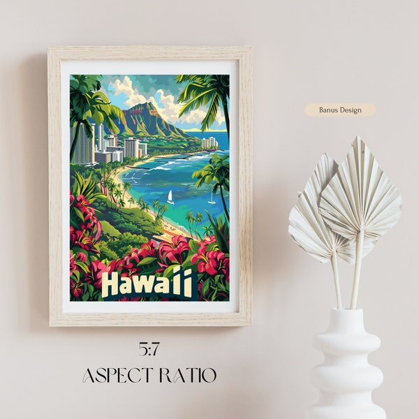 Hawaii Wall Paper, Printable Drawing, Illustration City, City Art Poster, Hawaii Travel Wall Decor and Background, Phone, Laptop wallpaper