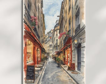 Montmartre Street Watercolor Art Print, Paris Cafe Illustration, Vintage Paris Wall Art, Romantic French Street Painting