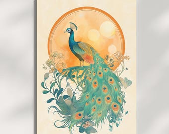 Impresión Art Nouveau de pavo real, ilustración de pájaro azul dorado, arte mural de estilo vintage