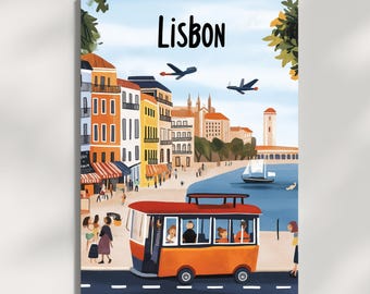 Lisbon Tram 28 Poster, Alfama Lisbon Art Print, Portugal Travel Poster, Lisbon Cityscape Wall Art, Vintage Lisbon Decor