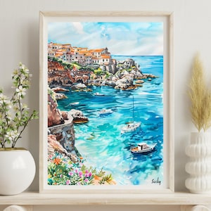 Sicily Italy Watercolor Poster, Travel Painting, South Italy, Mediterranean Wall Print, Coastal Decor