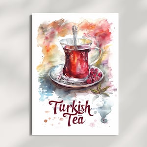 Turecka herbata, akwarela, dekoracja ścienna do kuchni w Stambule, plakat z ilustracją herbaty, rysunek kulturowy do druku