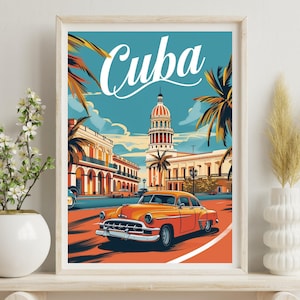 Cartaz de arte cubana, desenho de Cuba, ilustração de cidade, cartaz de arte da cidade, decoração de parede de viagem a Cuba
