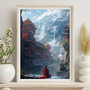 Póster de arte de meditación de monje budista, sereno monasterio de Nepal, ciudad antigua, pinturas culturales y de viajes, alrededor del mundo, postal
