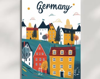 Illustrazione di un villaggio bavarese, arte muraria di una città tedesca, accogliente folclore europeo, città stravagante, decorazione murale stampabile