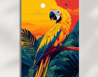 Stampa artistica di pappagalli colorati, arte murale della giungla massimalista, illustrazione di uccelli tropicali, decorazione di animali esotici, arte murale stampabile
