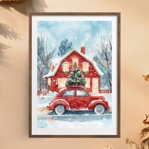 Affiche du nouvel an, affiche de neige de Noël, carte postale numérique, impression numérique de voiture rouge au pays des merveilles de l'hiver, cadeau pour la période de Noël des enfants