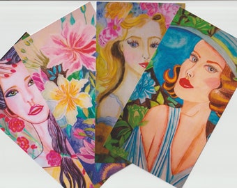 Blumenfrauen, Viererset Postkarten, geeignet als Muttertagsgruß! Zum Sammeln und Dekorieren!