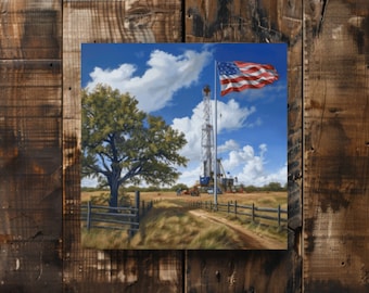 American Flag Oil Rig Print, Central Texas Patriotic Art (Commercial Use)