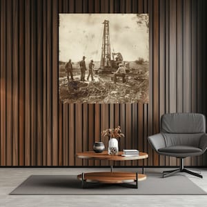 Puede incluir: Una fotografía vintage en blanco y negro de cuatro hombres trabajando en una plataforma de perforación en un campo.