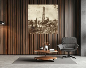 Vintage Oil Rig Art Print – Antique Oilfield Workers Scene (Commercial Use)