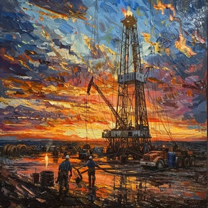 May include: A painting of an oil rig silhouetted against a dramatic sunset sky. The rig is tall and slender, with a large platform at the top. The sky is a mix of orange, red, and purple, with clouds that look like brushstrokes. Two figures stand in the foreground, looking up at the rig.