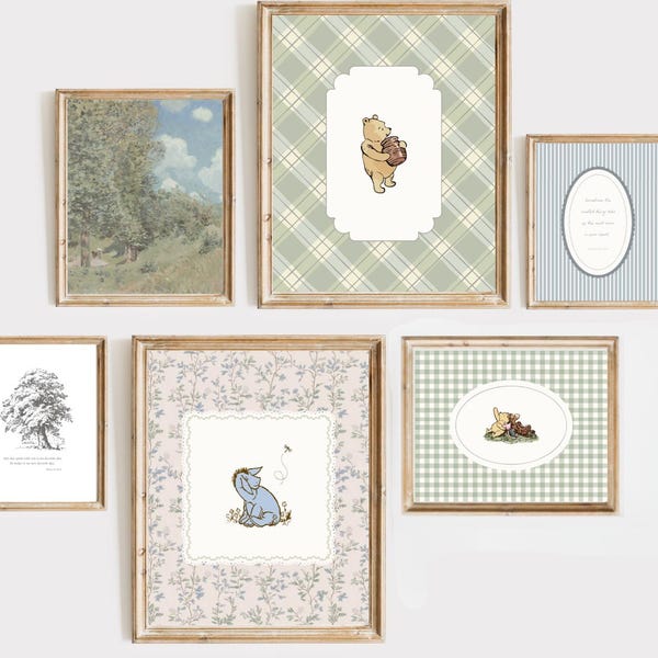 Winnie the Pooh Vintage Art Prints: Gender Neutral Sage Green Nursery Decor (Digital Download)