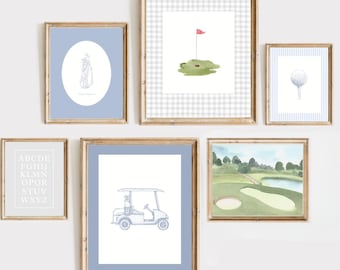 Vintage Golfowe wydruki artystyczne do pokoju dziecięcego: dekoracja pokoju dla chłopca (zestaw 6 sztuk do pobrania w wersji cyfrowej)