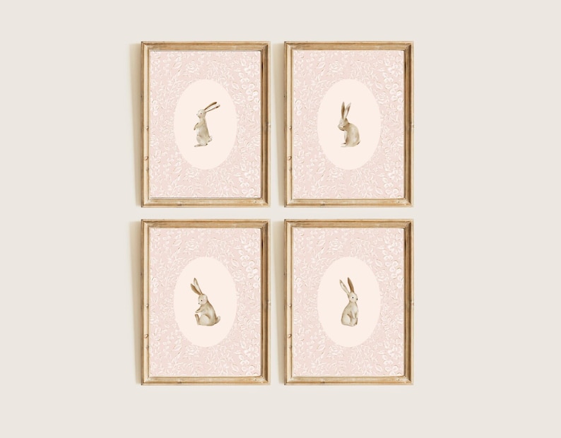 Gallery Wall Prints | Vintage Pink Floral Bunnies | Nursery | Set of 4 ...