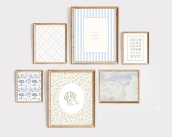 Gallery Wall Art Prints | Blue White Beige | Vintage | Gender Neutral Nursery | Set of 6 | Digital Download | Puppy or Lamb