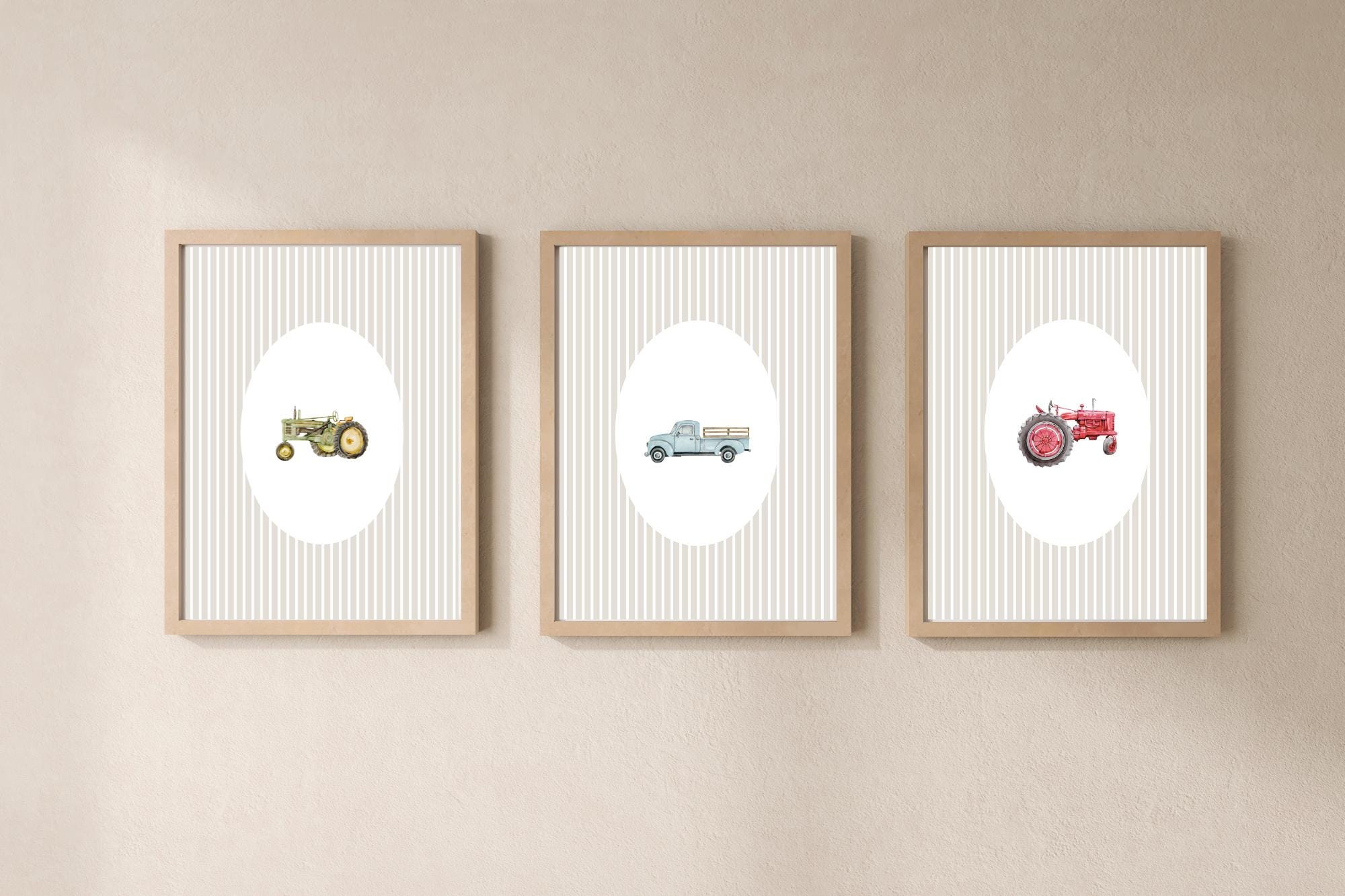 Set of 3 Farm Vehicles Art Prints | Vintage Beige Striped | Boy's Room Nursery Decor | Digital Download