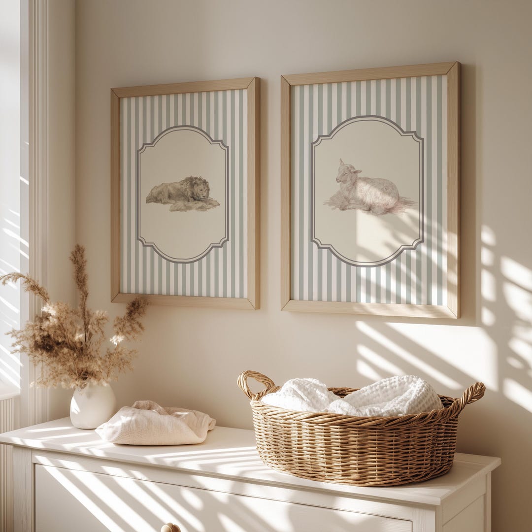 Vintage Lion Lamb Nursery Art Print Set Cottagecore Wall Decor Baby ...