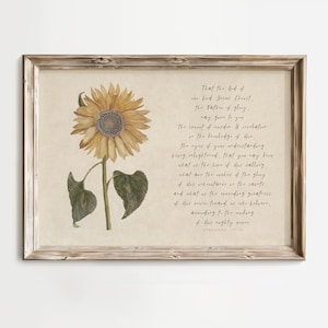 Op de afbeelding: Een vintage-print met een zonnebloem en een citaat uit Efeziërs 1:17-19. De quote luidt: "Dat de God van onze Heer Jezus Christus, de Vader der heerlijkheid, u de Geest der wijsheid en openbaring in de kennis van Hem geven mag, de ogen van uw verstand verlicht worden, opdat u weet wat de hoop van Zijn roeping is, wat de rijkdommen van de heerlijkheid van Zijn erfenis in de heiligen zijn, en wat de overweldigende grootheid van Zijn kracht ten opzichte van ons is, die geloven, overeenkomstig de werking van Zijn machtige kracht."