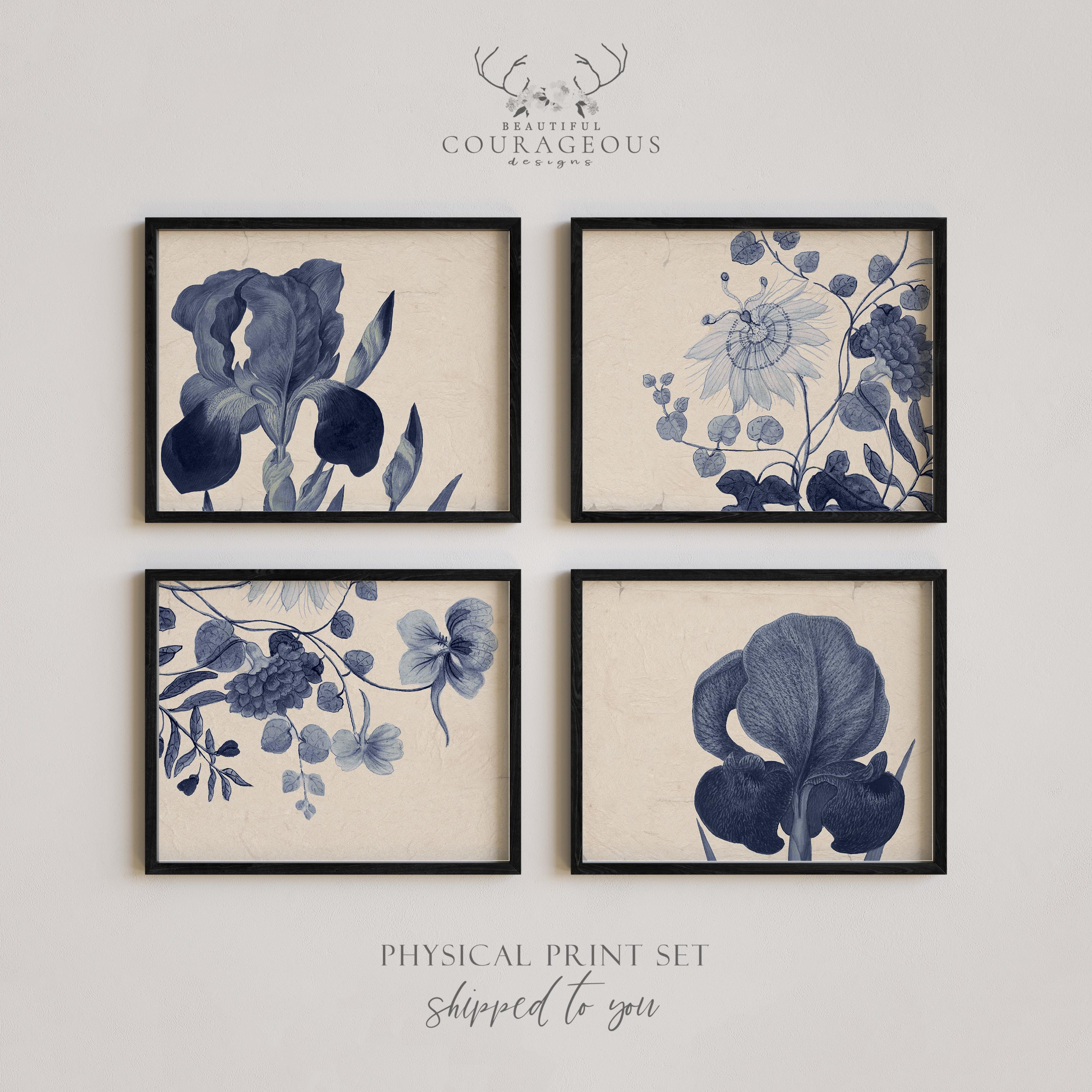 Vintage Botanical Print Set Blue Floral Wall Art for Modern Farmhouse ...