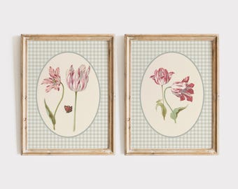 Cottagecore Farmhouse Set of 2 Wall Art. French Country Watercolor Antique Art Vintage Floral Prints. Gingham Floral Art Prints for Nursery