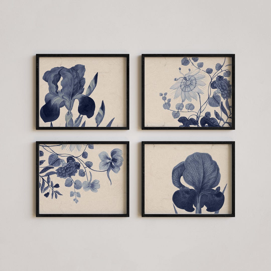 Vintage Botanical Print Set Blue Floral Wall Art for Modern Farmhouse ...
