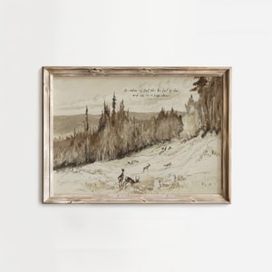 Vintage Scripture Art Print Download. Vintage Watercolor Art with Bible Verse. Deer and Mountain Landscape Christian Art with Muted Colors.