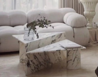 set of 2 triangular coffee tables in real white Carrara marble, made in Italy