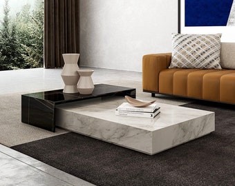 square or rectangular coffee table in real white Carrara and black Marquinia marble, made in Italy