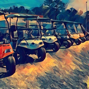 May include: A row of six golf carts parked in a row. The carts are various colors, including red, white, and yellow. The carts are parked on a gravel surface.